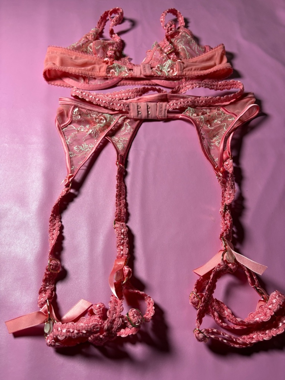 Sheer Pink Lace Bra & Garter Set - Women Intimates - Picture 2 of 2